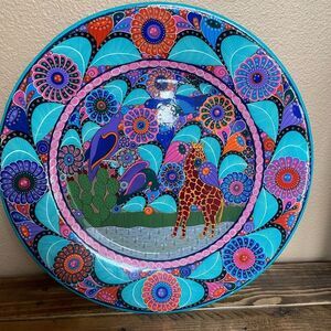 Signed Roberto Iglesias Mexican Folk Art 16 inch Terracotta Plate Birds Giraffe